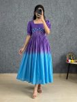 FANCY MUL COTTON PEDDING HAND WORK ONE PIECE DRESS PURPLE  AND SKY