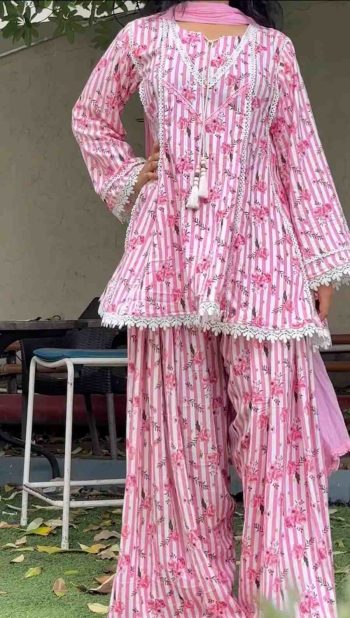 FANCY NATURAL CREPE DIGITAL PRINT WORK TOP PATIYALA WITH DUPATTA BABY PINK