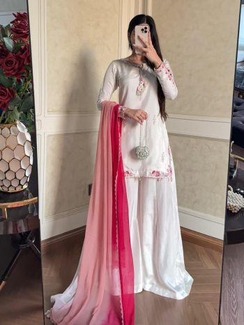 FANCY NATURAL CREPE SILK EMBROIDERY 3&5 MM SEQUENCE WORK TOP PALAZZO WITH DUPATTA WHITE AND PINK