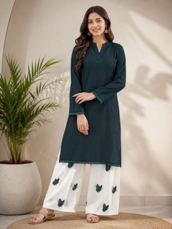 FANCY RAYON COTTON PLAIN TOP WITH EMBROIDERY WORK PALAZZO TEAL