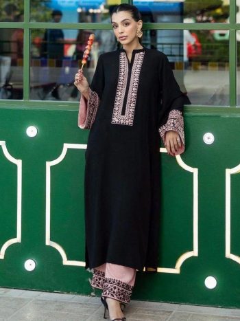 FANCY RAYON COTTON THREAD WORK KURTI PALAZZO SET BABY PINK AND BLACK