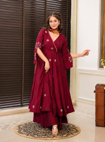 FANCY RAYON COTTON ZARI EMBROIDERY  THREAD WORK ANARKALI PALAZZO WITH DUPATTA MAROON