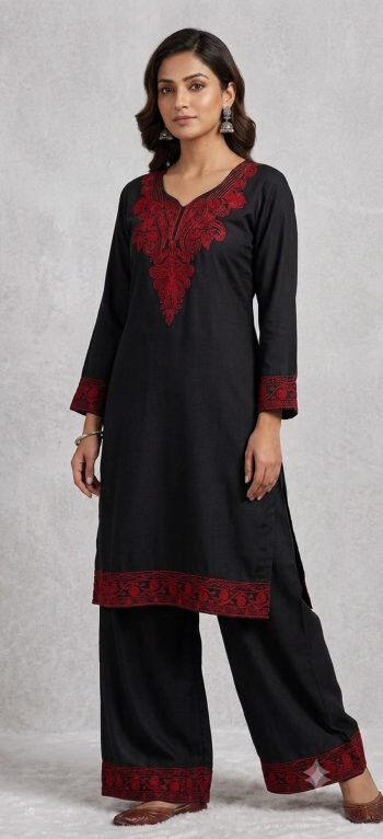 FANCY RAYON EMBROIDERY WORK TOP PENT SET BLACK