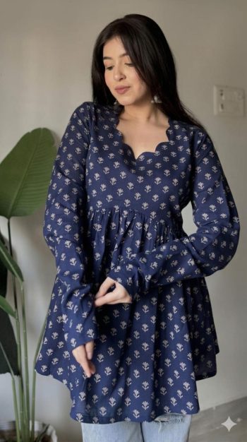 FANCY RAYON PRINT WORK TOP NAVY BLUE