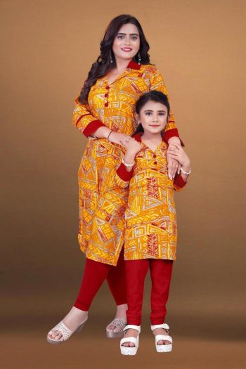 FANCY RAYON PRINTED WORK MOTHER DAUGHTER SET YELLOW