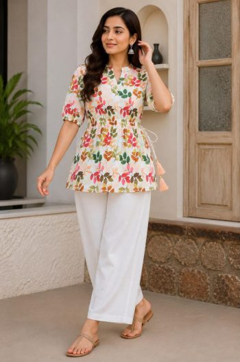 FANCY RAYON SLUB DIGITAL PRINT WORK TOP PALAZZO SET OFF WHITE