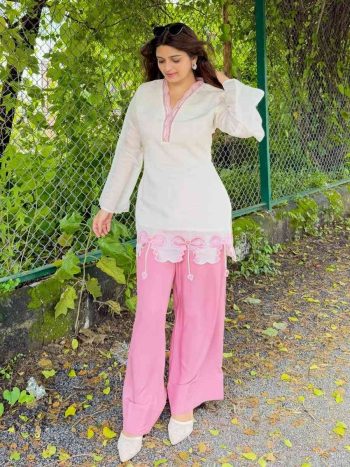 FANCY ROMAN EMBROIDERY WORK TOP PALAZZO SET WHITE AND BABY PINK