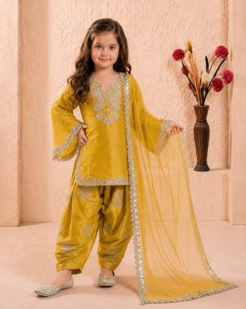 FANCY ROMAN GLASS SILK EMBROIDERY 3 MM SEQUENCE WORK WITH RIVET MOTI WORK KID'S TOP PATIYALA WITH DUPATTA YELLOW