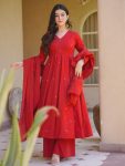 FANCY ROMAN SILK EMBROIDERY WORK GOWN PALAZZO WITH DUPATTA RED