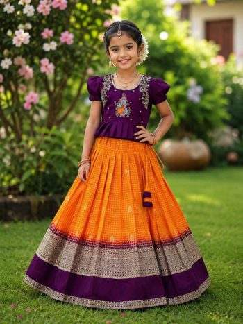 FANCY SILK MAGGAM WORK KID'S TOP LEHENGA ORANGE
