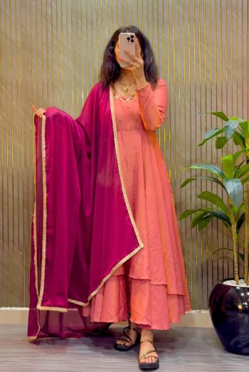 FANCY SINDOOR TISSUE SILK MAGGAM HAND WORK GOWN WITH DUPATTA PEACH