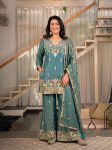 FANCY SINDOORI SATIN SILK SEQUENCE EMBROIDERY WORK TOP PALAZZO WITH DUPATTA RAMA