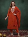 FANCY SLUB COTTON EMBROIDERY WORK TOP BOTTOM WITH DUPATTA ORANGE