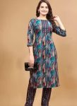 FANCY SLUB COTTON PRINTED WORK TOP PENT SET TEAL