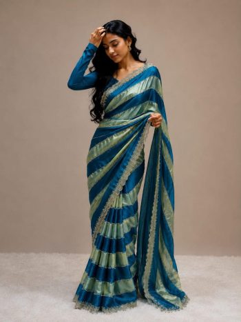 FANCY SPACE SILK JHARKAN WORK  WITH SWAROVSKI WORK SAREE WITH UNSTITCHED BLOUSE TEAL