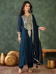 FANCY VICHITRA SILK SEQUENCE CODING EMBROIDERY WORK TOP BOTTOM WITH DUPATTA NAVY BLUE