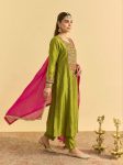 FANCY VICHITRA SILK SEQUENCE EMBROIDERY WORK TOP BOTTOM WITH DUPATTA PARROT GREEN AND RANI