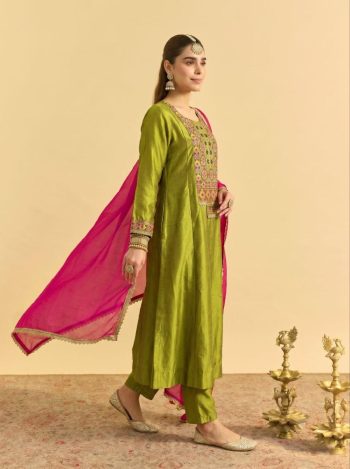 FANCY VICHITRA SILK SEQUENCE EMBROIDERY WORK TOP BOTTOM WITH DUPATTA PARROT GREEN AND RANI