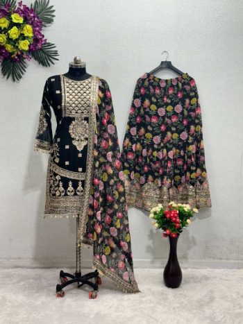 FASHIONABLE CHINON SILK CHINE SEQUENCE WORK TOP SHARARA WITH DUPATTA BLACK
