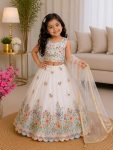 FASHIONABLE CHINON SILLK SEQUENCE EMBROIDERY WORK KIDS LEHENGA CHOLI WITH DUPATTA WHITE