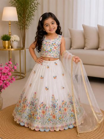 FASHIONABLE CHINON SILLK SEQUENCE EMBROIDERY WORK KIDS LEHENGA CHOLI WITH DUPATTA WHITE