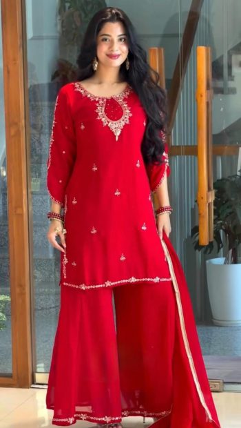 FASHIONABLE FAUX GEORGETTE EMBROIDERY SEQUENCE WITH  STONE HAND WORK TOP PALAZZO WITH DUPATTA RED