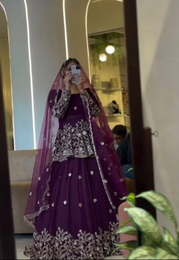 DESIGNER HEAVY FAUX GEORGETTE  EMBROIDERY CODING & SEQUENCE WORK TOP LEHENGA WITH DUPATTA PURPLE