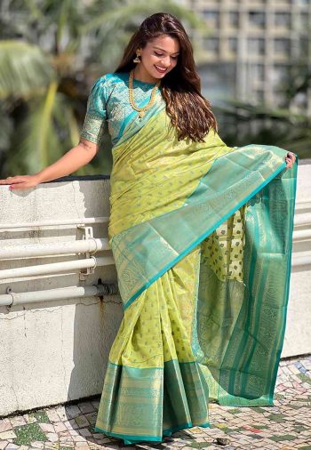 GEORGEOUS TISSUE SILK ZARI WEAVING WORK SAREE WITH UNSTITCHED BLOUSE PERROT GREEN