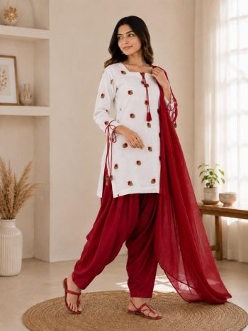 LATEST CAMBRIC COTTON MULTI NEEDLE EMBROIDERY WORK TOP PATIYALA WITH DUPATTA WHITE AND MAROON