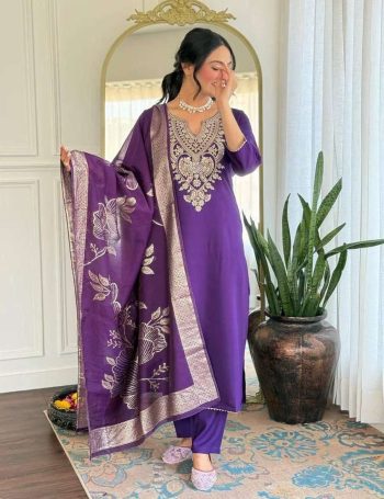 LATEST COTTON EMBROIDERY WORK TOP BOTTOM WITH DUPATTA PURPLE