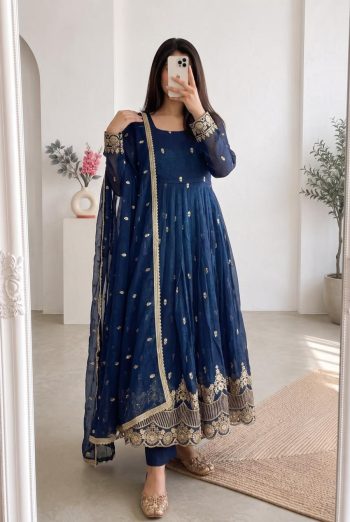 LATEST CRUNCHY SILK EMBROIDERY SEQUENCE WORK GOEN BOTTOM WITH DUPATTA NAVY BLUE