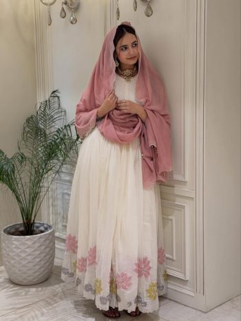 LATEST FAUX GEORGETTE  EMBROIDERY WORK GOWN BOTTOM DUPATTA WHITE AND PEACH
