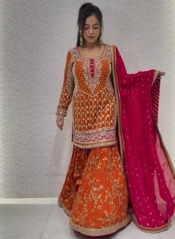 LATEST FAUX GEORGETTE THREAD  WITH SEQUENCE  WORK TOP SHARARA WITH DUPATTA ORANGE