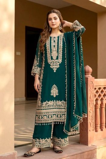 LATEST FUAX GEORGETTE CHAIN STITCHED BOTH SIDE WORK  TOP PALAZZO WITH DUPATTA  GREEN