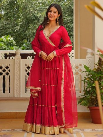 LATEST MAL CHANDERI HANDWORK LACE & GOTTAPATTI WORK  ANARKALI BOTTOM WITH DUPATTA  RED