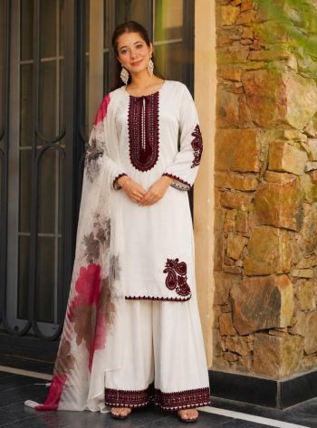 LATEST MASKA COTTON EMBROIDERY AND THREAD WORK TOP PALAZZO WITH DUPATTA WHITE