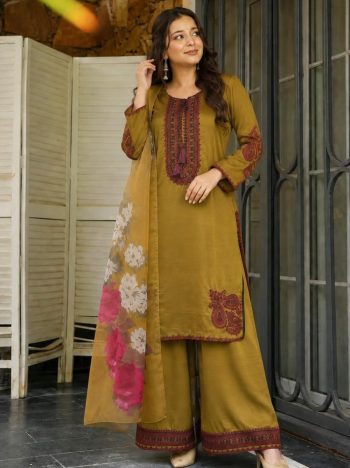 LATEST MASKA COTTON EMBROIDERY AND THREAD WORK TOP PALAZZO WITH DUPATTA MUSTARD