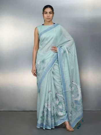 LATEST  MUGA COTTON RESHAM WEAVING TRADITIONAL PENCIL ART WORK SAREE WITH UNSTITCHED BLOUSE SKY