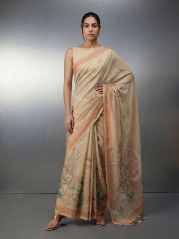 LATEST  MUGA COTTON RESHAM WEAVING TRADITIONAL PENCIL ART WORK SAREE WITH UNSTITCHED BLOUSE CHIKU