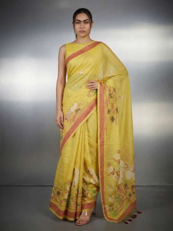 LATEST  MUGA COTTON RESHAM WEAVING TRADITIONAL PENCIL ART WORK SAREE WITH UNSTITCHED BLOUSE YELLOW