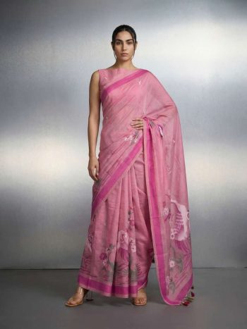 LATEST  MUGA COTTON RESHAM WEAVING TRADITIONAL PENCIL ART WORK SAREE WITH UNSTITCHED BLOUSE PINK