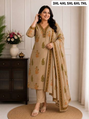 LATEST MUL COTTON EMBROIDERY WITH MIRROR WORK TOP BOTTOM WITH DUPATTA CHIKU