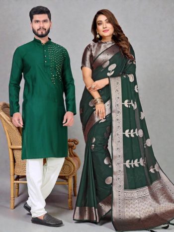 LATEST SILK WEAVING WORK SAREE AND BLOUSE WITH MIRROR WORK KURTA PAYJAMA COUPLE WEAR GREEN