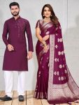 LATEST SILK WEAVING WORK SAREE AND BLOUSE WITH MIRROR WORK KURTA PAYJAMA COUPLE WEAR WINE