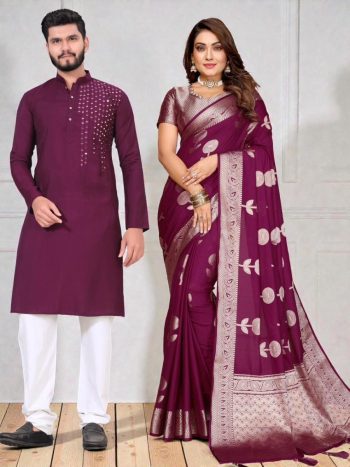 LATEST SILK WEAVING WORK SAREE AND BLOUSE WITH MIRROR WORK KURTA PAYJAMA COUPLE WEAR WINE