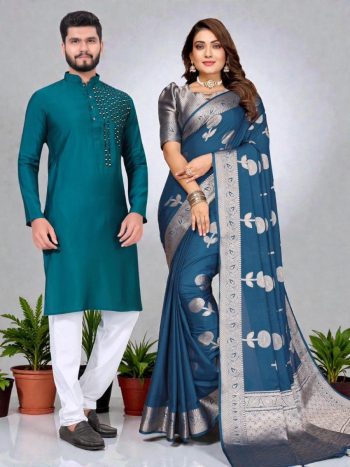 LATEST SILK WEAVING WORK SAREE AND BLOUSE WITH MIRROR WORK KURTA PAYJAMA COUPLE WEAR TEAL