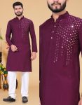 LATEST SILKY SILK MIRROR WORK  KURTA WITH PAYJAMA  WINE