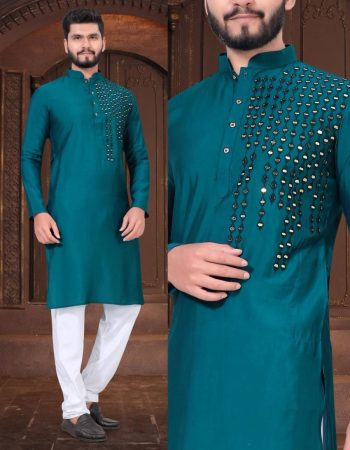 LATEST SILKY SILK MIRROR WORK  KURTA WITH PAYJAMA TEAL