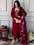 LATEST SLUB COTTON  EMBROIDERY WORK TOP BOTTOM WITH DUPATTA MAROON