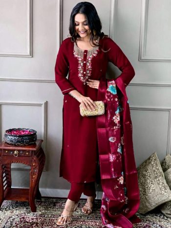 LATEST SLUB COTTON  EMBROIDERY WORK TOP BOTTOM WITH DUPATTA MAROON